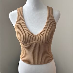 Kittenish Tan Ribbed Crop Tank Top